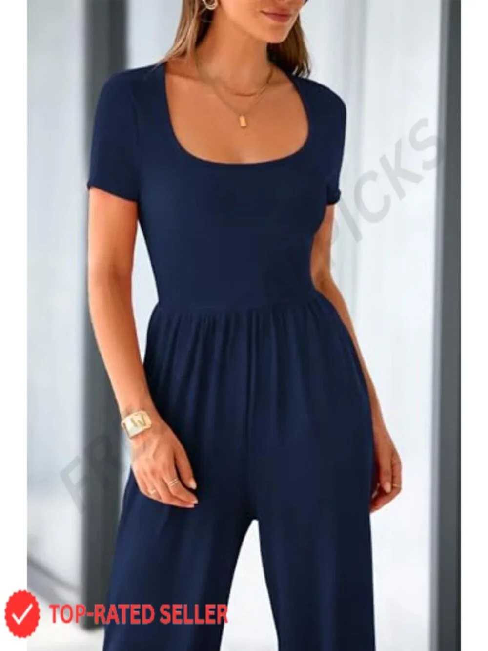 Womens Ribbed Knit Short Sleeve Square Neck Wide Leg Jumpsuit Romper with